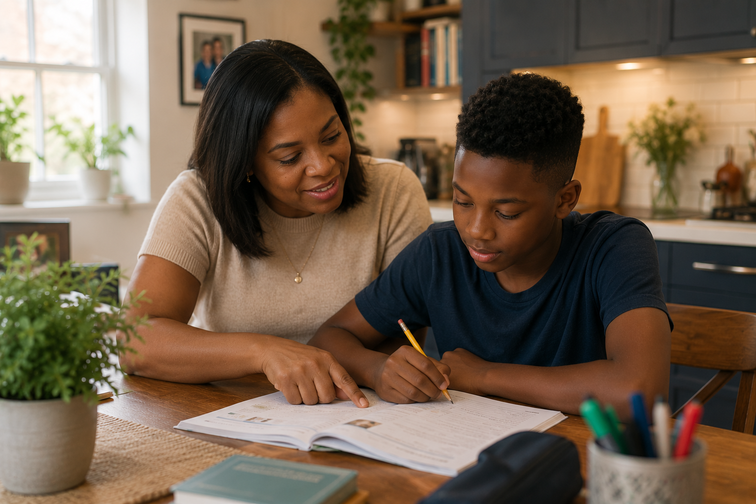 A parent and child working through schoolwork together at home