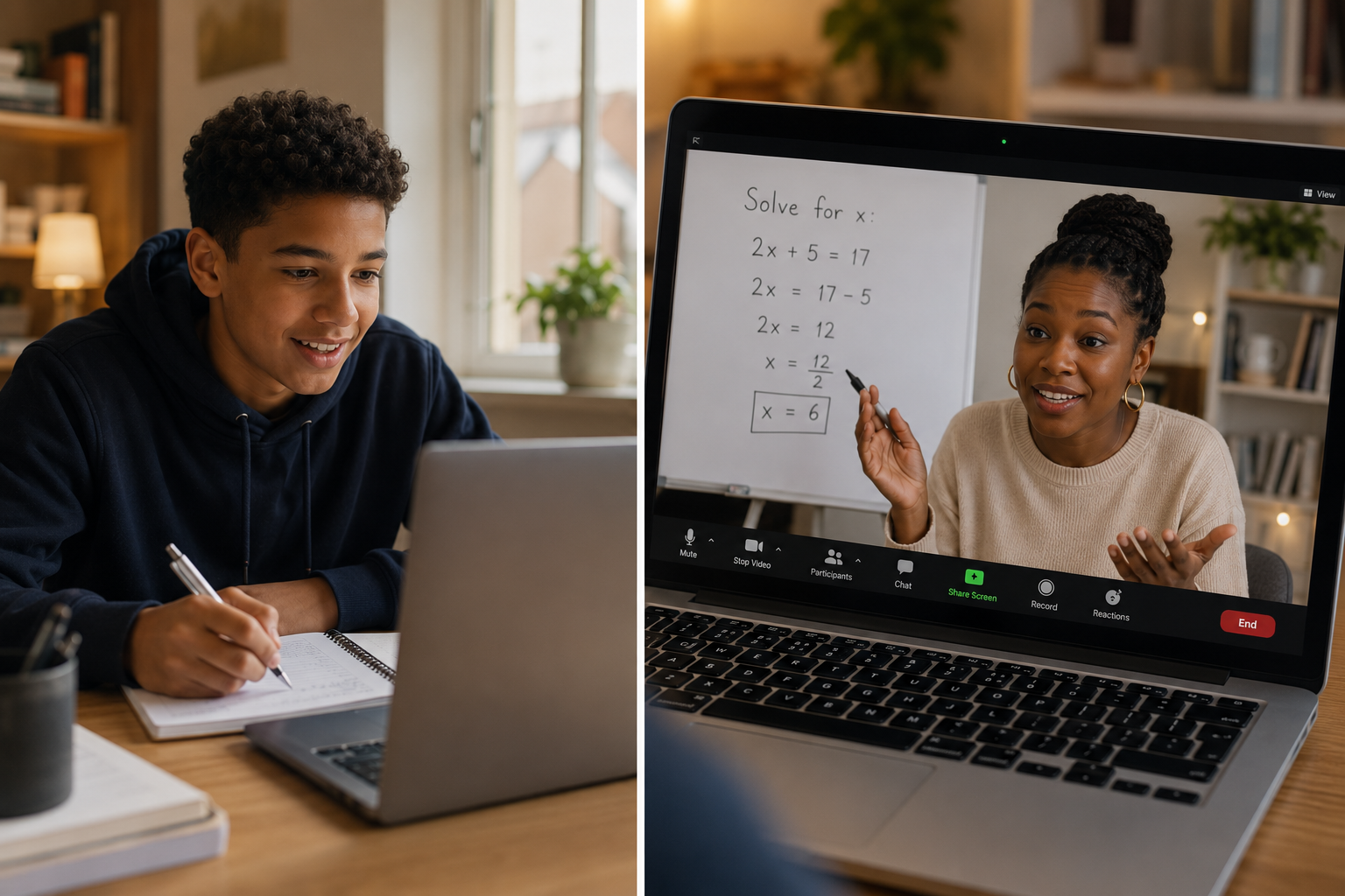 A student on a video tutoring call, working through an algebra problem with their tutor