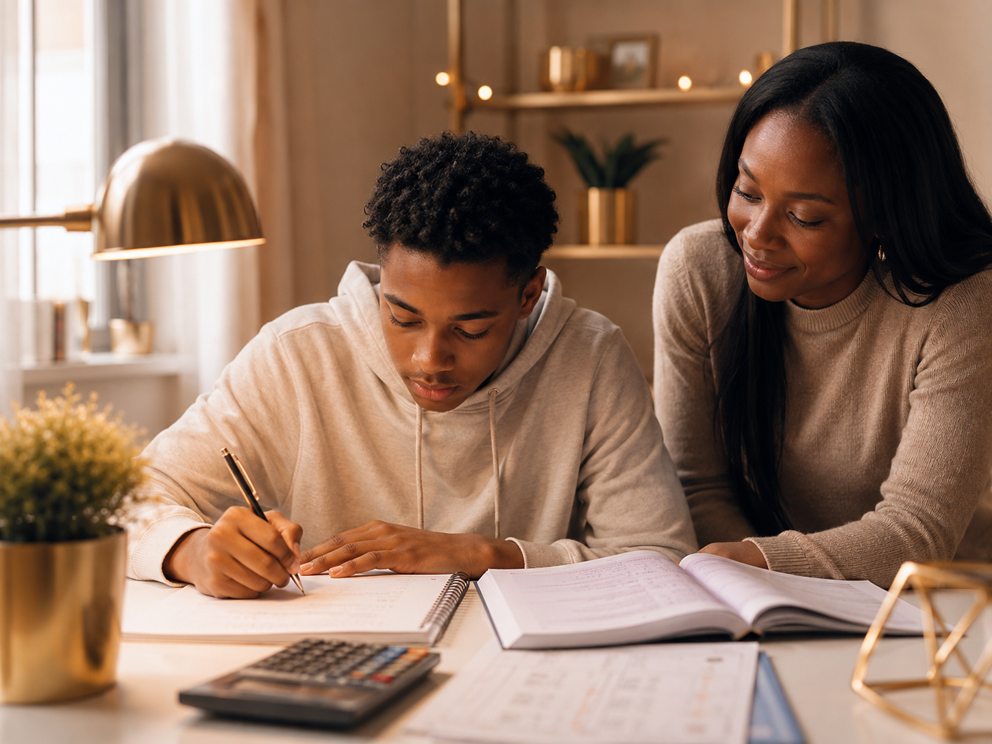 A parent helping their teenager with GCSE maths homework at a desk