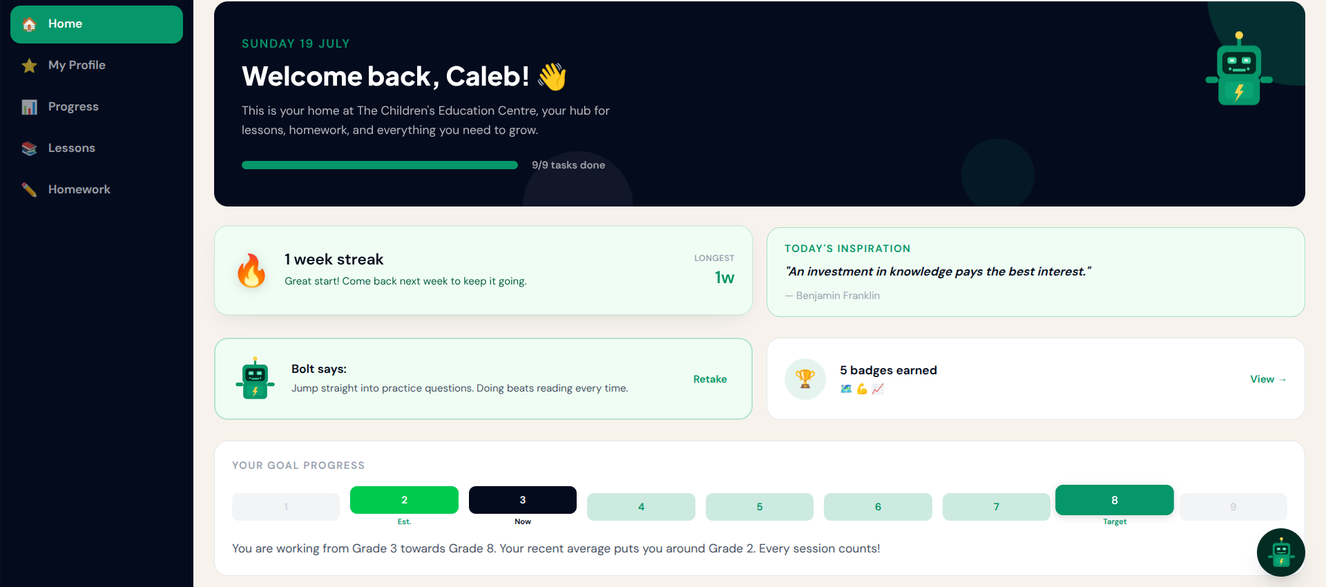 Track your progress and goals, real screenshot from the TCEC learning portal