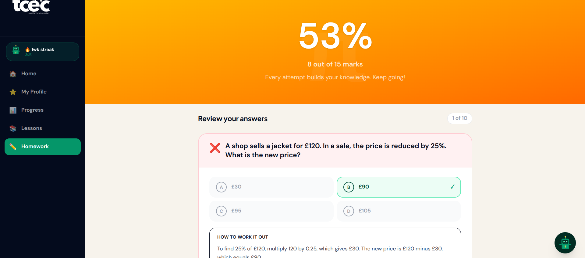 Homework, marked with feedback, real screenshot from the TCEC learning portal