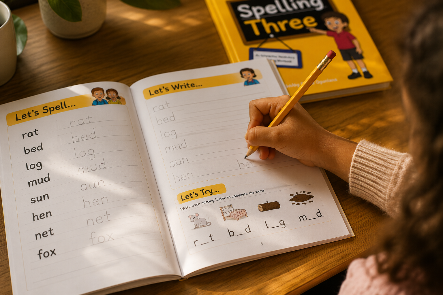 A child completing a page in a Spelling Series workbook