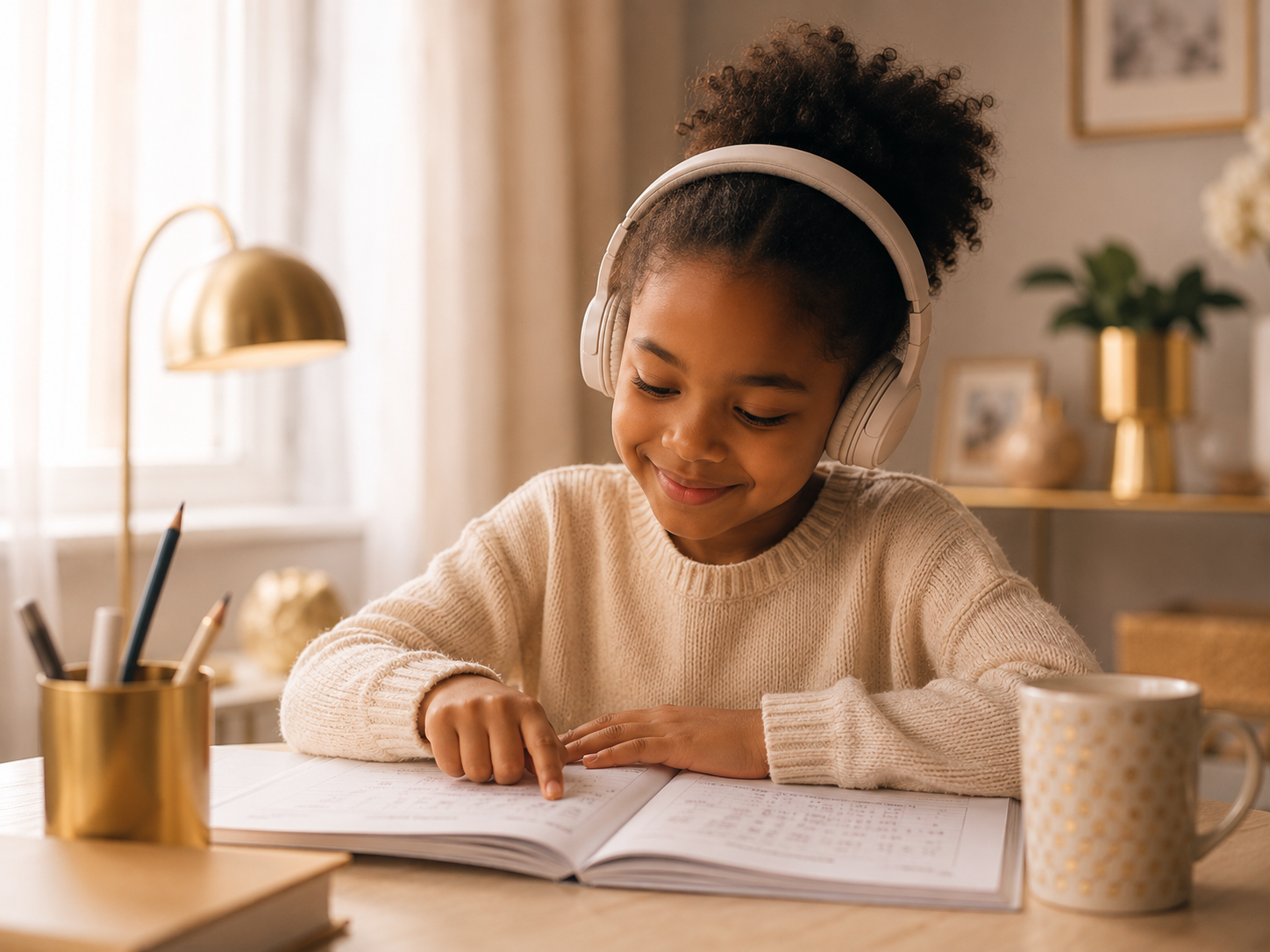 A child listening to the Spelling Series audiobook while following along in the workbook